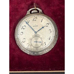 1932 Elgin Pocket Watch Silver Etched Tribune Case 7j Grade 303 Model 3 w box